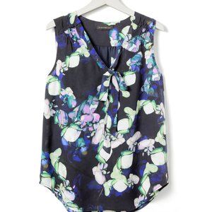 Gorgeous Blue Floral Sleeveless Tie Blouse